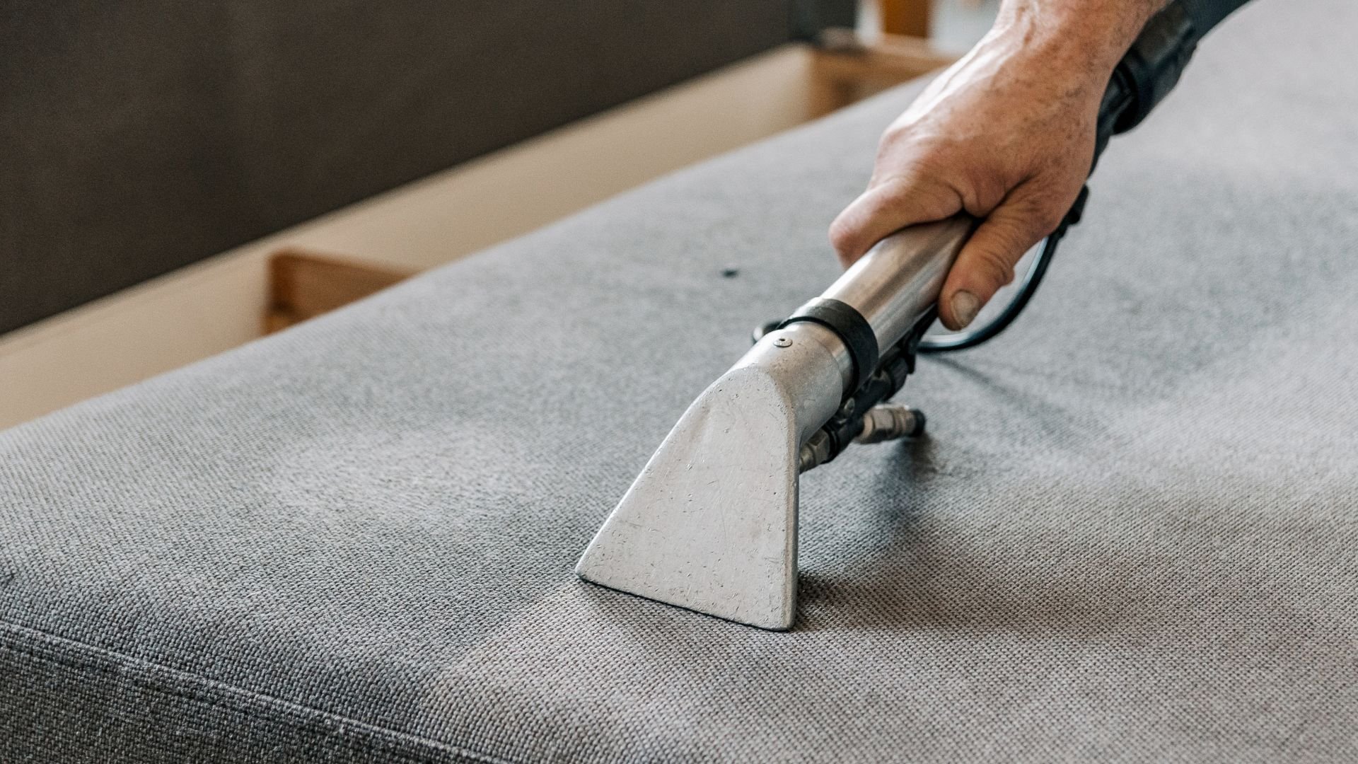 Professional cleaning upholstery with industrial steam cleaning vacuum