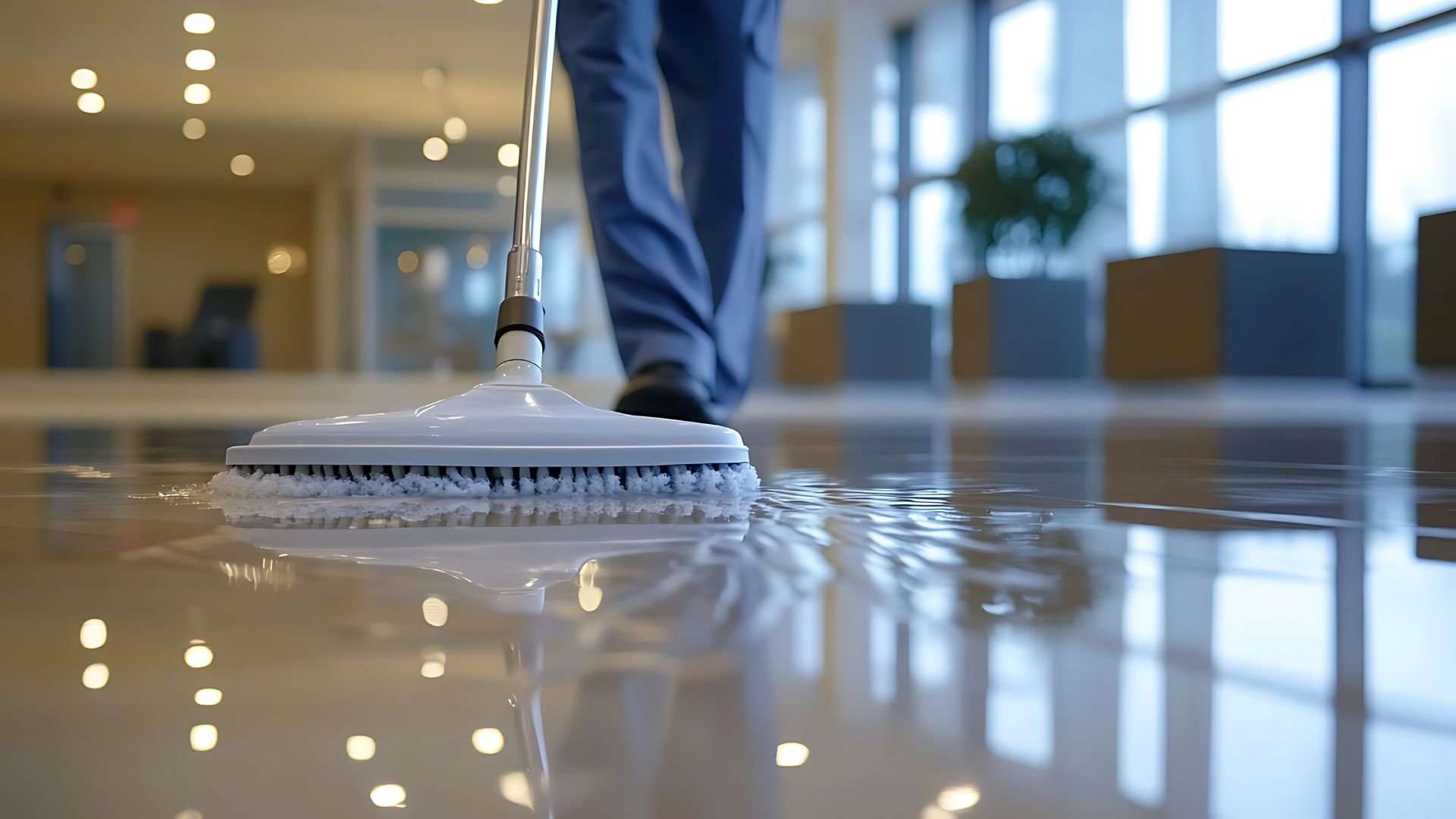 Wet mop cleaning a shiny floor in a modern, bright office space